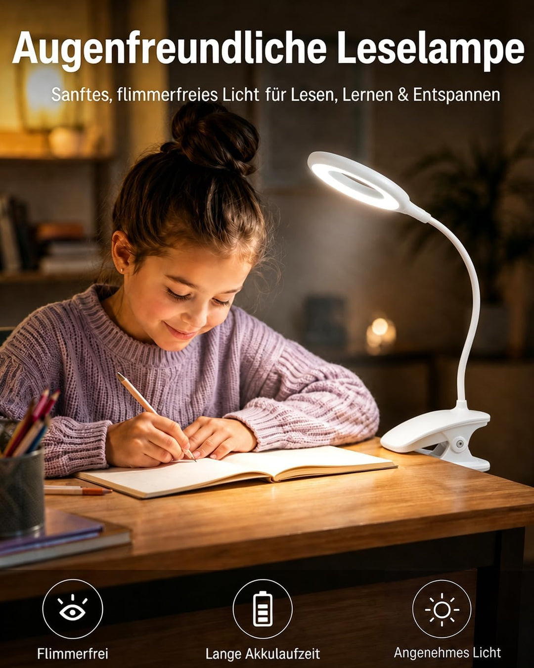 Klemmlampe Bett, LED Leselampe Bett Touch Dimmbar 3 Farben Bettlampe Klemmleuchte Augenschutz Schwan