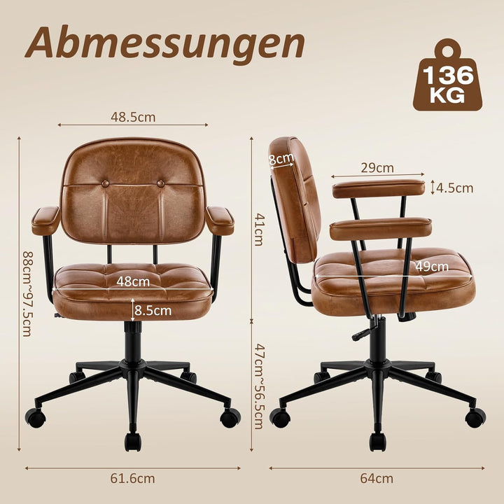 Hellove Schreibtischstuhl Bürostuhl Ergonomisch mit Armlehnen PU Leder 360° Drehstuhl Höhenverstellb