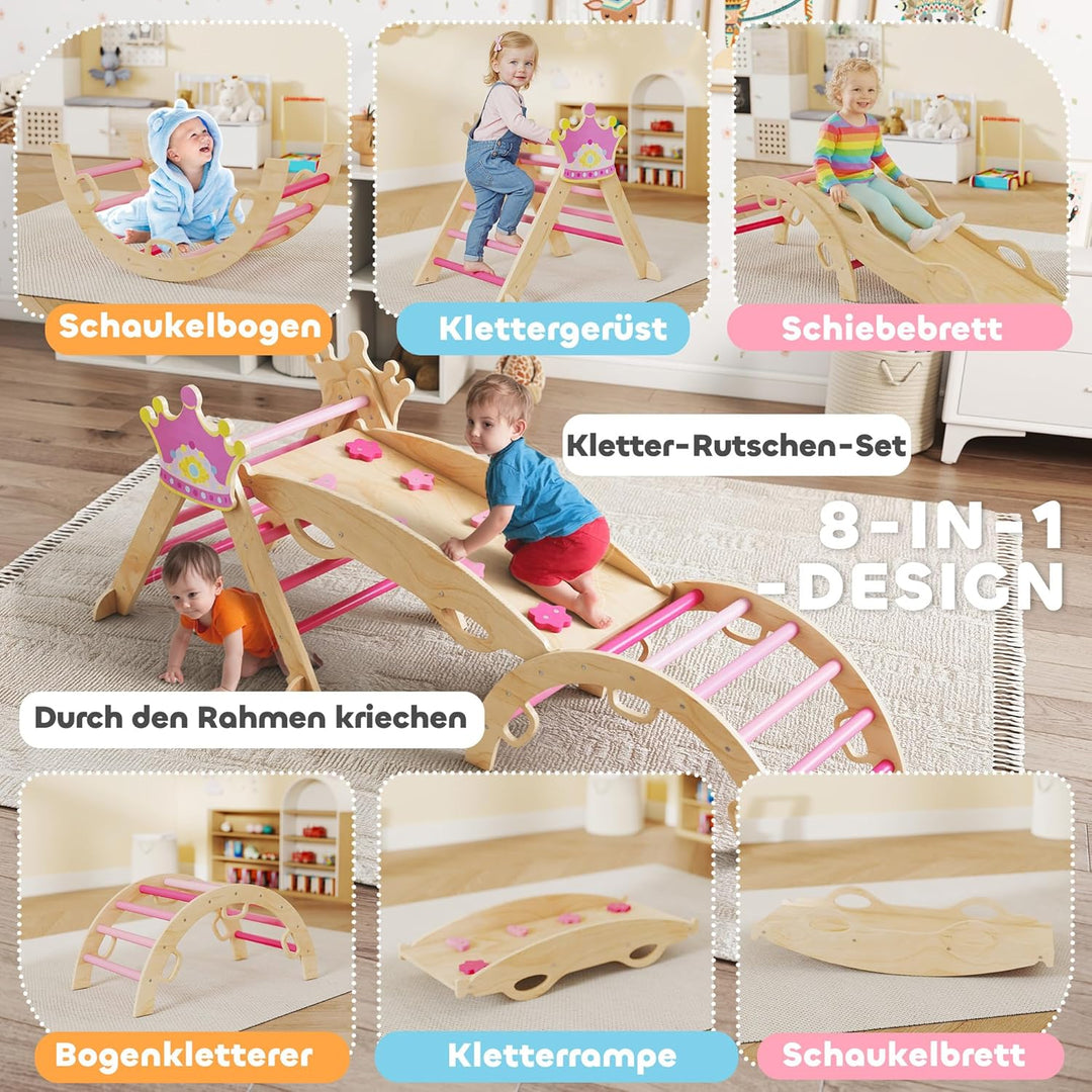 AIYAPLAY 8-in-1 Montessori Klettergerüst Indoor Holz Kletterdreieck mit Kletterbogen, Rutsche, Krone