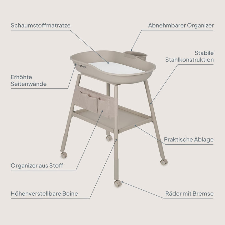 Lionelo Rosie Wickeltisch mit Rollen – Höhenverstellbar, Wasserdichte Wickelauflage, Organizer & Abl