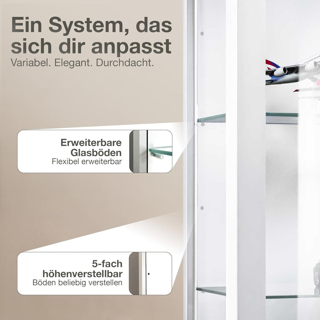K-Möbel Hängevitrine Glas in Weiss (80x60x25 cm) mit 2 höhenverstellbaren Glasböden - Modellauto - V