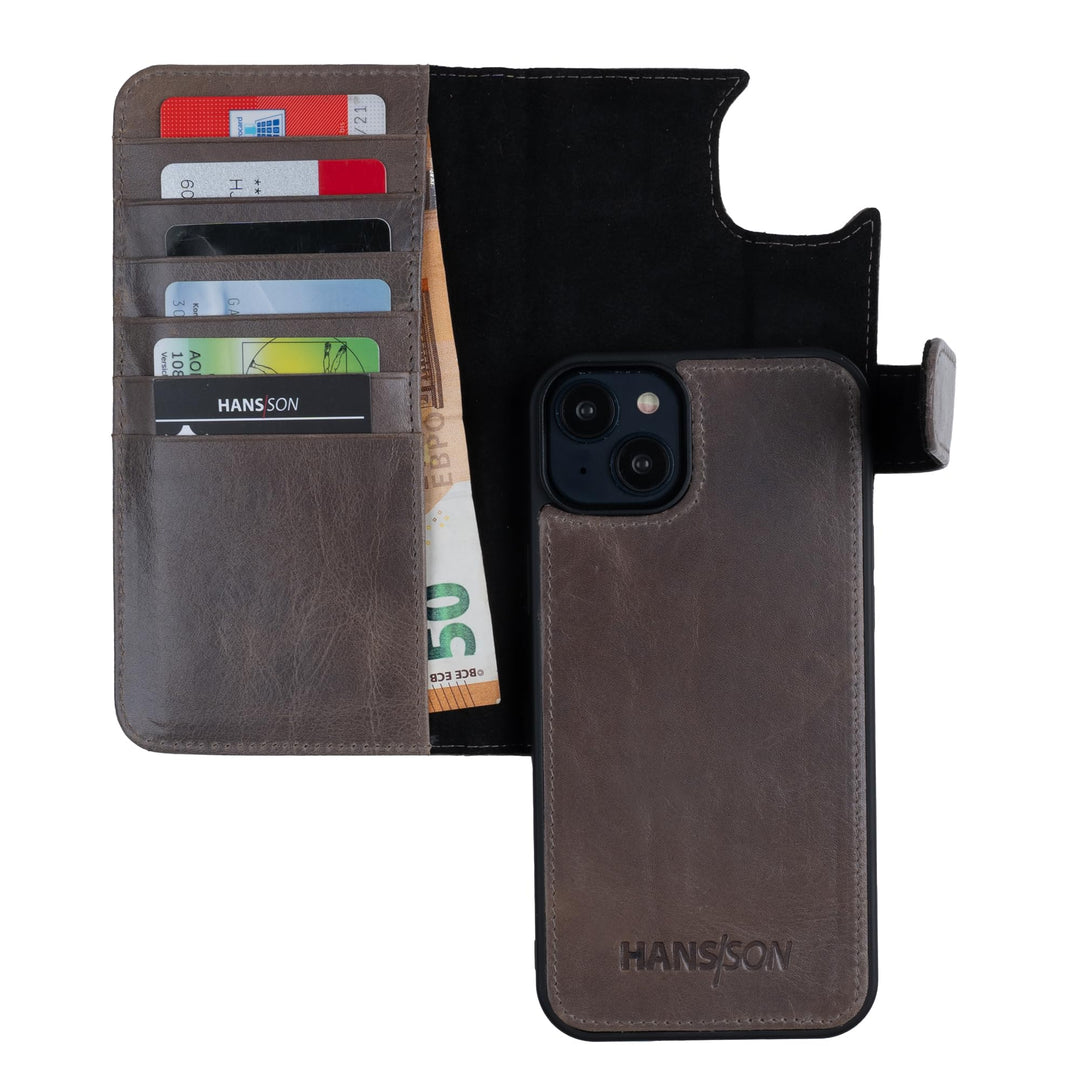 HANS/SON Lederhülle mit Kartenfächern | iPhone 14 | Echtleder | 6,1 Zoll | Schmal | Klapphülle | Sto