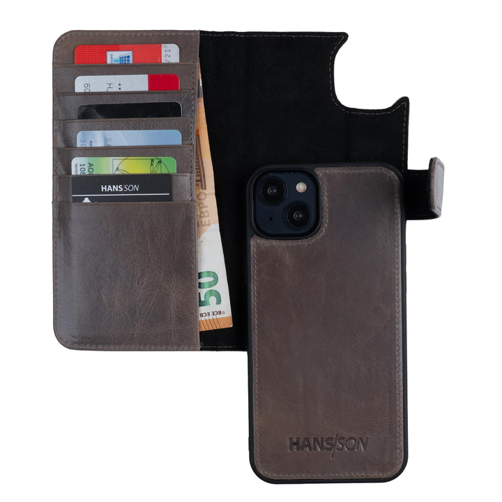 HANS/SON Lederhülle mit Kartenfächern | iPhone 14 | Echtleder | 6,1 Zoll | Schmal | Klapphülle | Sto