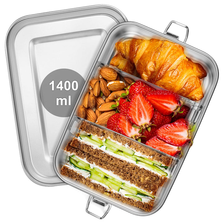Joyfair Brotdose mit Fächern, 1400ml Edelstahl Bento Box mit 2 Abnehmbar Fächern für Erwachsene & Ki