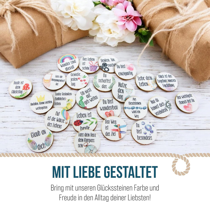 Kleine Holztaler mit Sprüchen, 24 Stück: Holz-Glückstaler Beschriftet, Motivationssteine-Set, Mit St