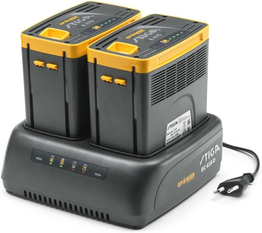 Stiga Doppelladegerät ePower EC 415 D 48 V, Ladestrom 2 Ah, Eurostecker, Gelb/Grau 48 V-Doppel-Ladeg