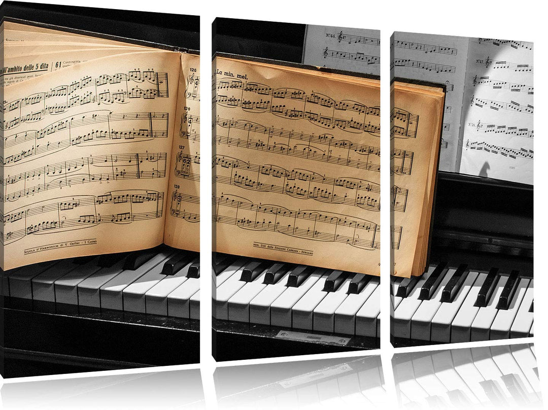 Pixxprint Notenbuch auf Piano als Leinwandbild | Grösse: 3 Teilig (120x80) | Wandbild| Kunstdruck |