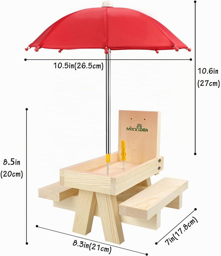 MIXXIDEA Eichhörnchen-Futterstation mit Regenschirm,hölzerner Eichhörnchen-Picknick-Tisch Futterspen