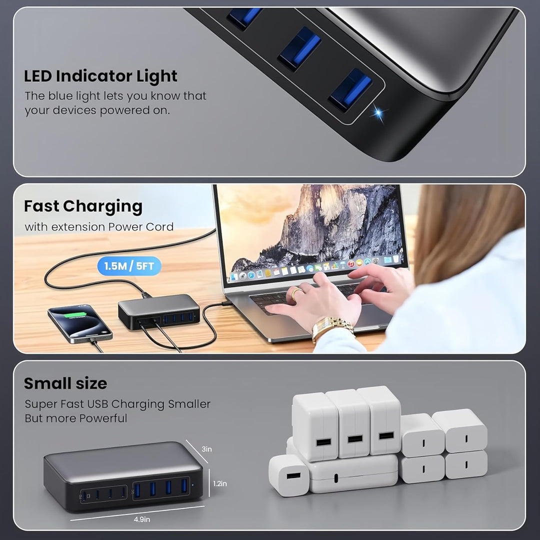 USB C Ladegerät 8-Port Charger Adapter Handy Ladestation 200W USB Netzteil mit 4*USB-C 4*USB-A-Ladep