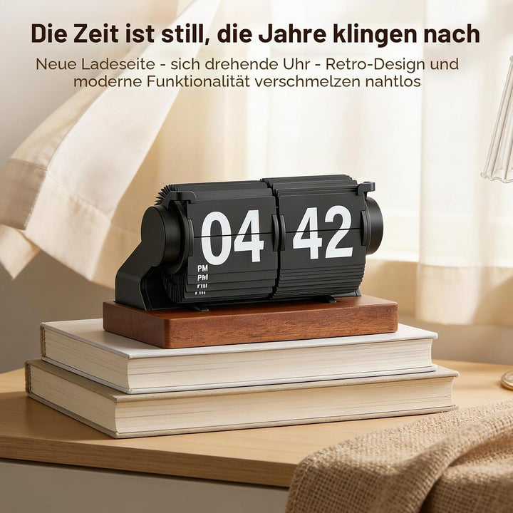Retro-Flip-Uhr, Vintage Digitale Klappuhr, Retro Uhr mit Holzsockel, automatisches Drehen, batterieb