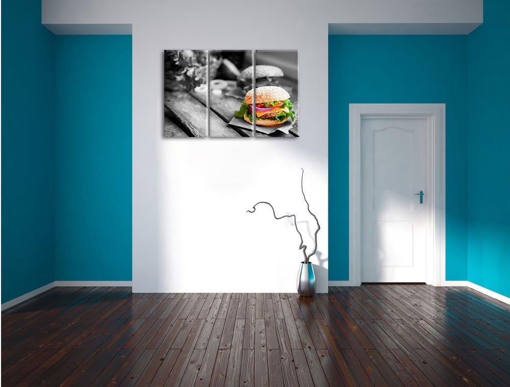 Pixxprint Leckere Burger als Leinwandbild | Grösse: 3 Teilig (120x80) | Wandbild| Kunstdruck | ferti