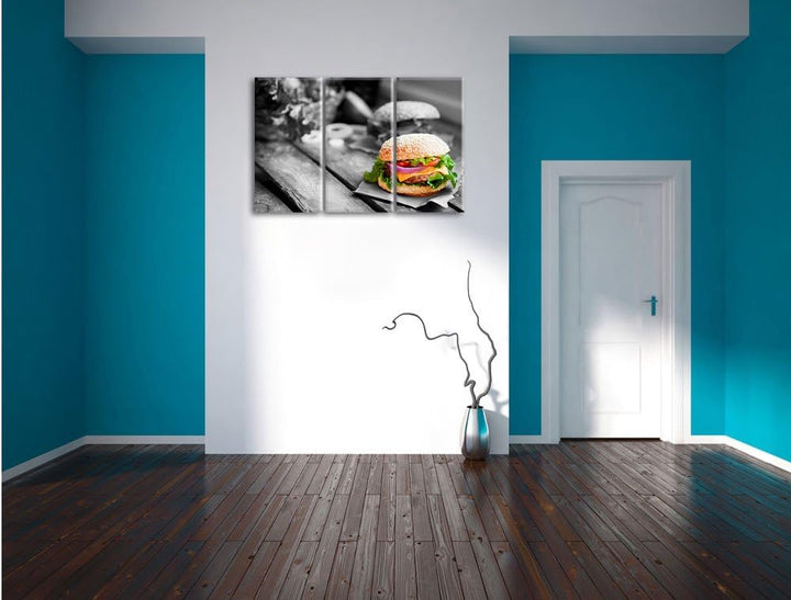 Pixxprint Leckere Burger als Leinwandbild | Grösse: 3 Teilig (120x80) | Wandbild| Kunstdruck | ferti