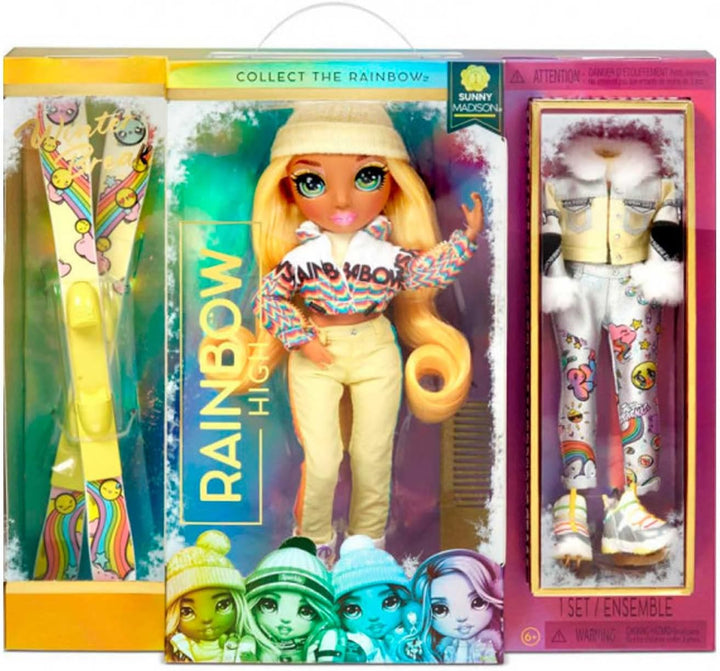 Rainbow High Winter Break Sunny Madison-Gelbe Modepuppe mit 2 Outfits, Skiausrüstung und Puppenständ