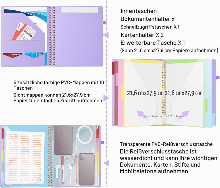 Hautoco Klemmbrett Folio mit a4 Zip Beutel, Klemmbrettmappe mit nachfüllbarem Notizblock, 5 A4-Ordne