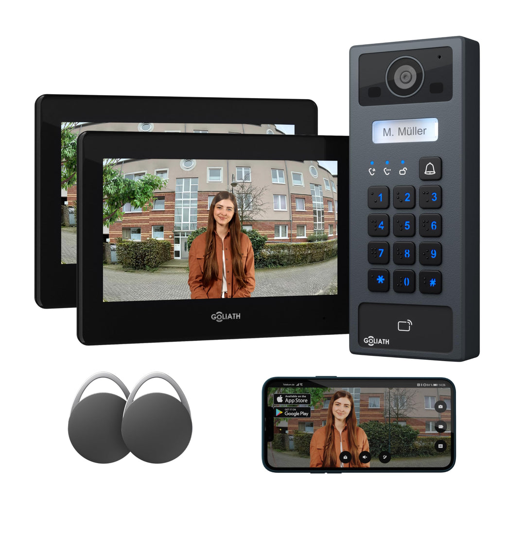 GOLIATH Basic 2-Draht Bus Video-Türsprechanlage, Full-HD, App-Steuerung, 2X 7 Zoll Monitore in Schwa