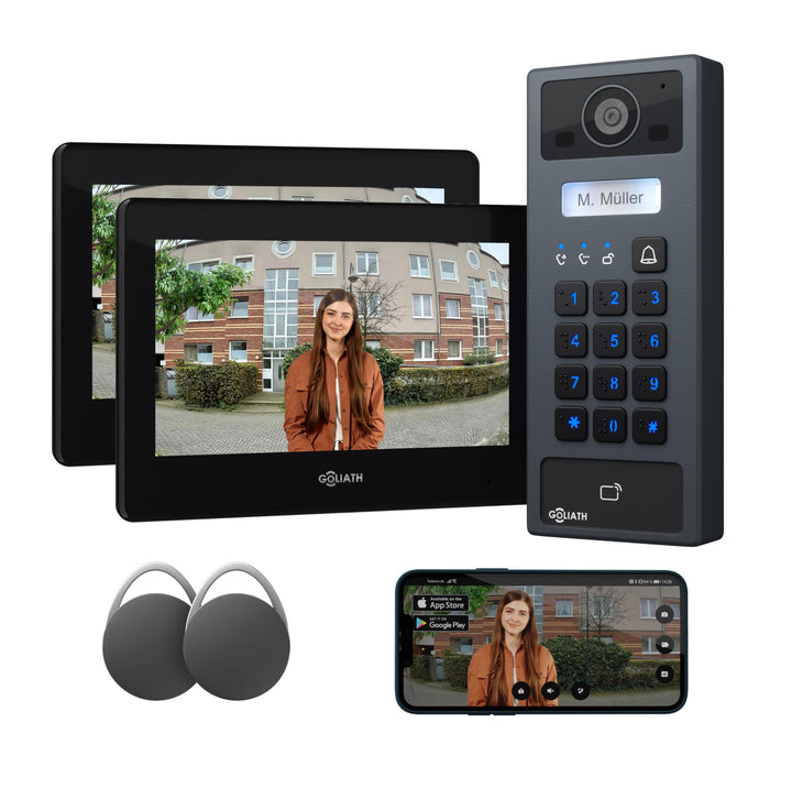 GOLIATH Basic 2-Draht Bus Video-Türsprechanlage, Full-HD, App-Steuerung, 2X 7 Zoll Monitore in Schwa