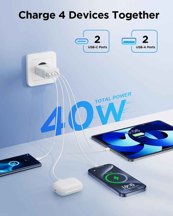 2-Pack USB C Ladegerät, 40W 4-Port Netzteil USBC Fast Charger USB-C Adapter + USB Stecker Schnelllad