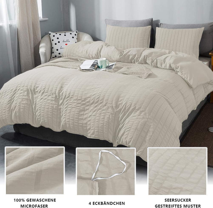 Boqingzhu Seersucker Bettwäsche Beige 200x200cm Sommer Atmungsaktiv Kühlende Wende Bettwäsche Set Be