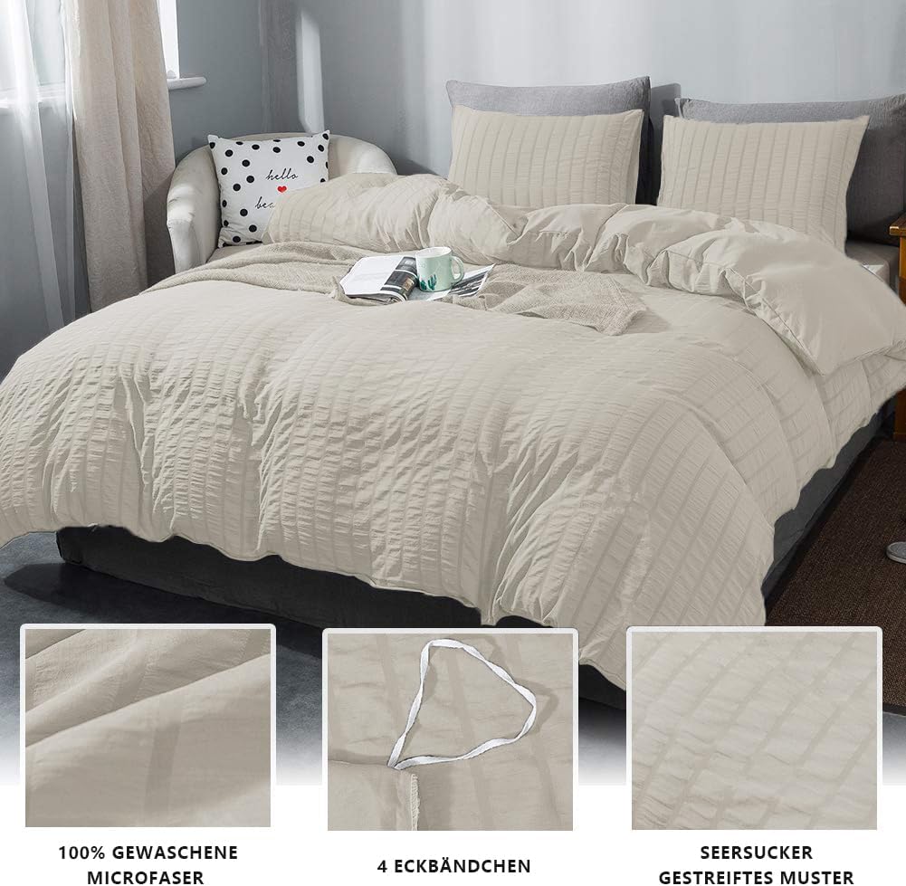 Boqingzhu Seersucker Bettwäsche Beige 155x220cm Sommer Atmungsaktiv Kühlende Wende Bettwäsche Set Be
