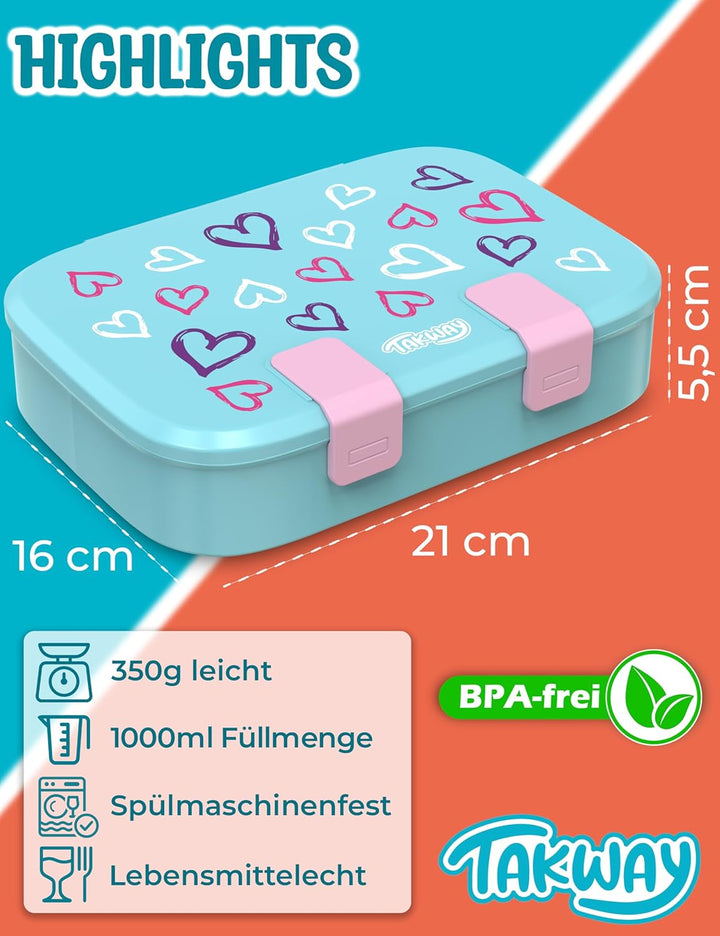 Brotdose Kinder mit Fächern - Bento Box Lunchbox BPA Frei - robust & leicht zu öffnen (Herzen), Herz
