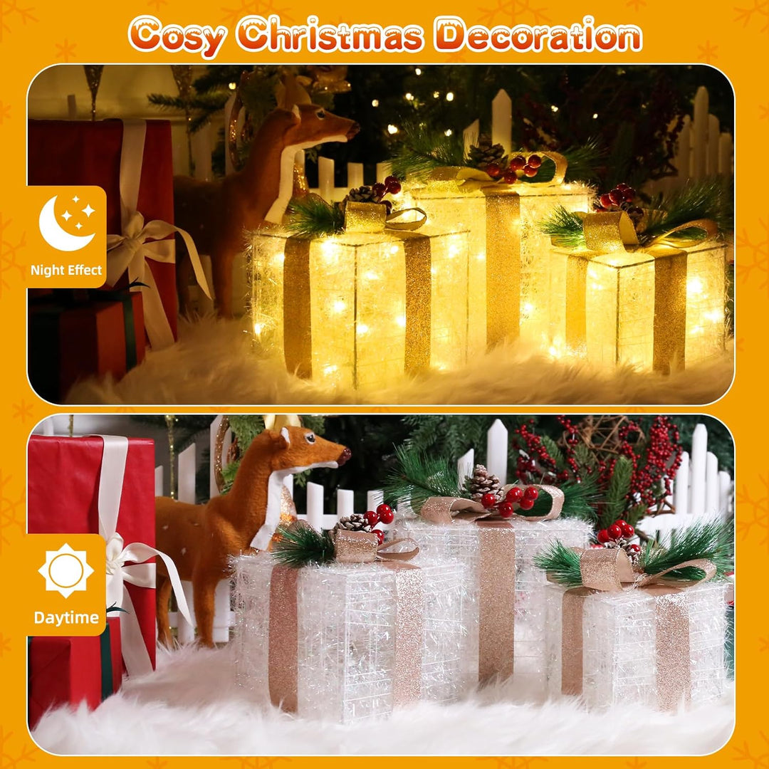 Quntis 3 Set LED Geschenkbox Weihnachten, Weihnachtsdeko Innen Strombetrieben, 60 warmweisse LEDs, B