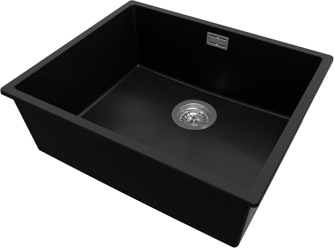 Spülbecken Schwarz 56x47cm, Granitspüle 1 Becken + Ablauf-Set, Küchenspüle ab 60er Unterschrank - Lo