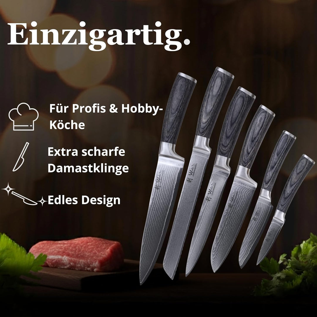 Wakoli Edis 6er Damastmesser-Set mit Klingenlängen von 8,50 cm bis 20,00 cm extrem scharf aus 67 Lag