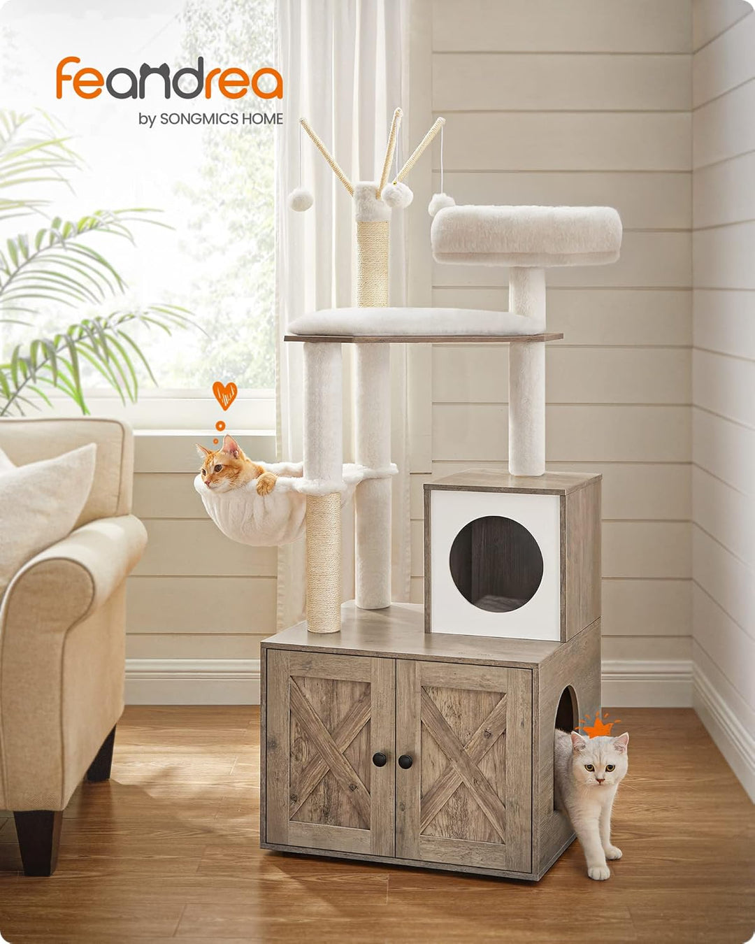 Feandrea Kratzbaum mit Katzenklo-Schrank, 150 cm hoch, 2-in-1 Katzenbaum, Schrank für Katzentoilette
