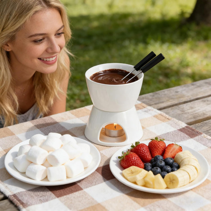 Keramik Schokofondue-Topf-Set, Käse Fondueset mit 1 Teelicht & 4 Gabeln Aus Rostfreiem Stahl, Mini S