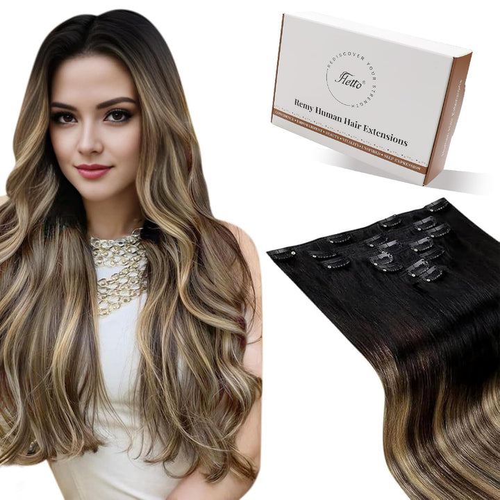 Hetto Clip in Extensions Echthaar Balayage Schwarz zu Hellbraun &amp; Goldblond 45cm 120g 7pcs - Invisib