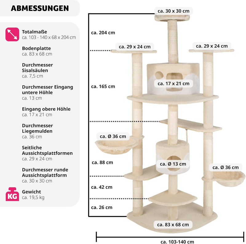 TecTake Katzen Kratzbaum mit XXL Liegemulde | 2 Katzenhäusern | deckenhoch - Diverse Farben - (beige