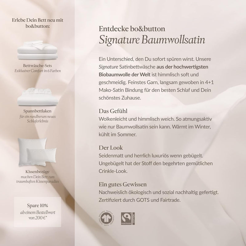 bo&button® Luxus Mako Satin Bettwäsche Set, 100% Bio Baumwolle (Long Staple 300), ALLE GRÖssEN, seid