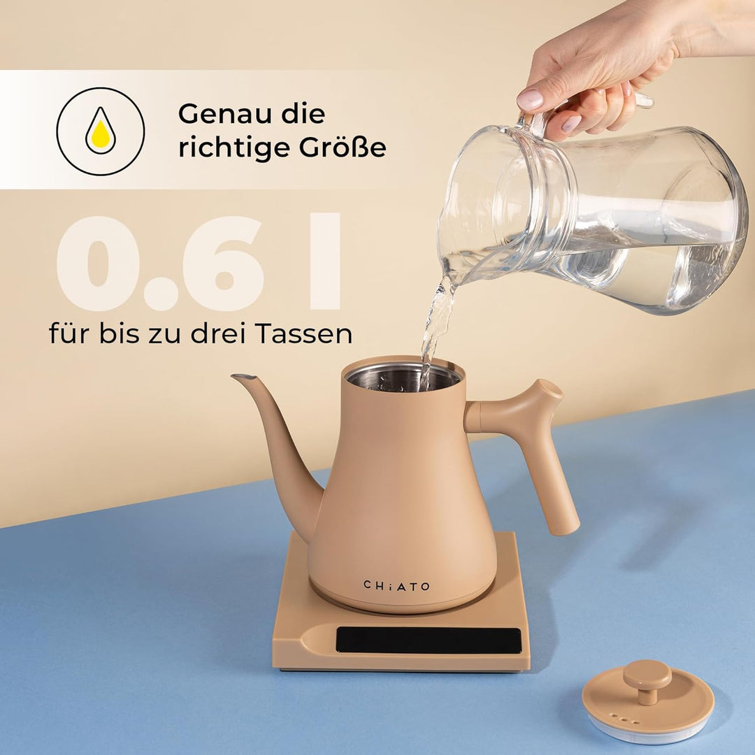 flowPLAY Wasserkocher Temperatur Einstellbar 0,6L – Kleiner Edelstahl Wasserkocher mit Warmhaltefunk