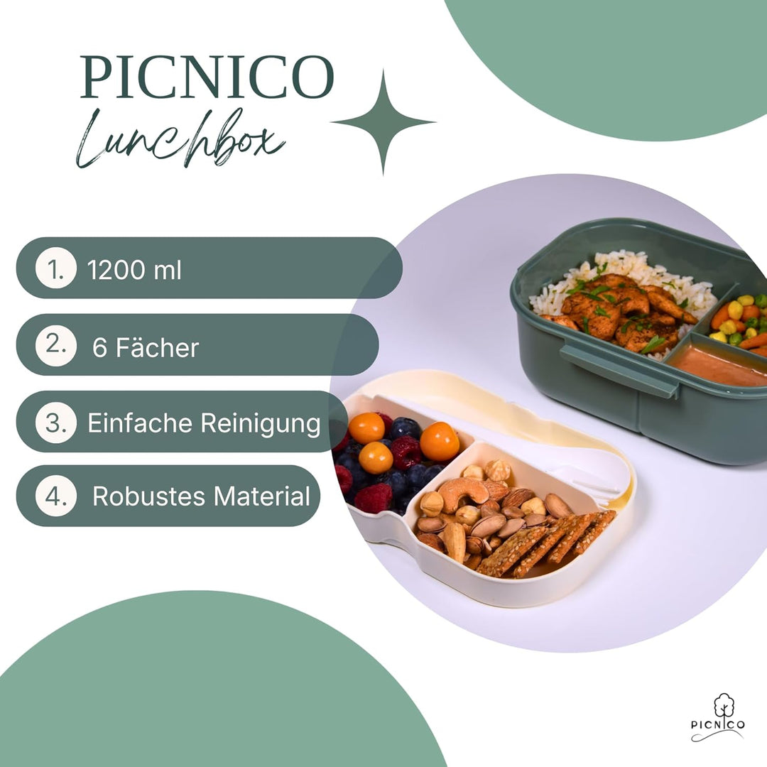 Premium Lunchbox für Kinder 1200ml mit 2 Etagen & 6 Fächern Grün (BPA-frei) - Brotdose & Snackbox mi