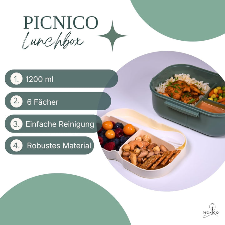 Premium Lunchbox für Kinder 1200ml mit 2 Etagen & 6 Fächern Grün (BPA-frei) - Brotdose & Snackbox mi
