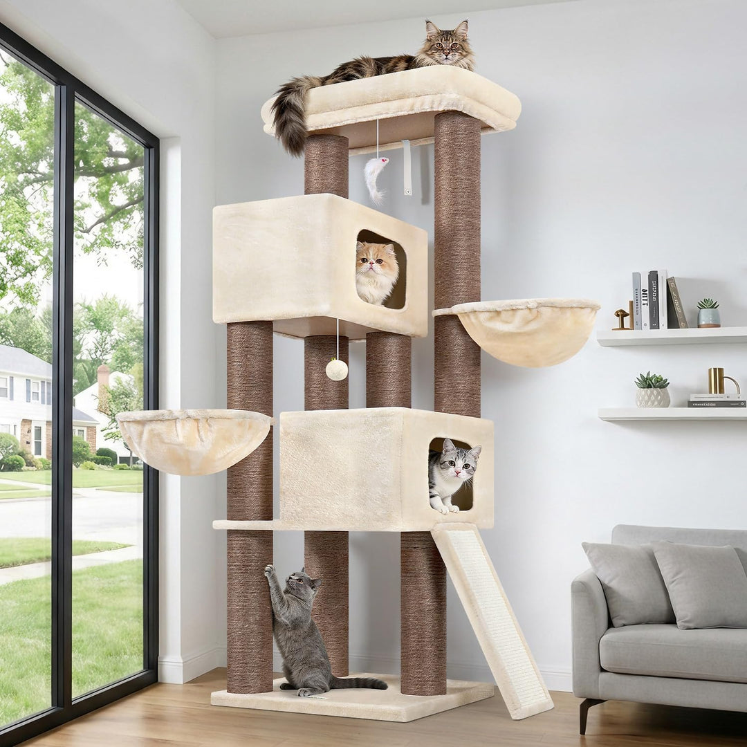 Globlazer Beige Kratzbaum Dicke Stämme 11CM für Grosse Katzen mit 2 Extragross Katzenhaus 50*35*30cm
