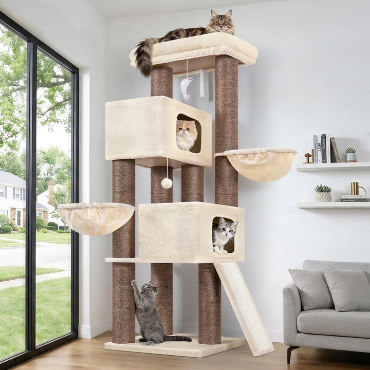 Globlazer Beige Kratzbaum Dicke Stämme 11CM für Grosse Katzen mit 2 Extragross Katzenhaus 50*35*30cm