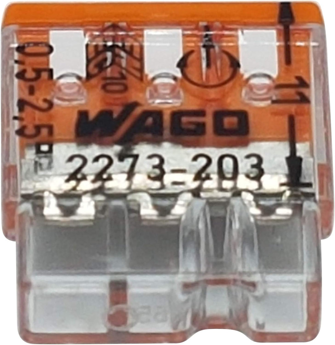 100 Stück Wago 2273-203 COMPACT-Verbindungsdosenklemme Ø 0,5-2,5 mm², 3-polig, transparent/orange