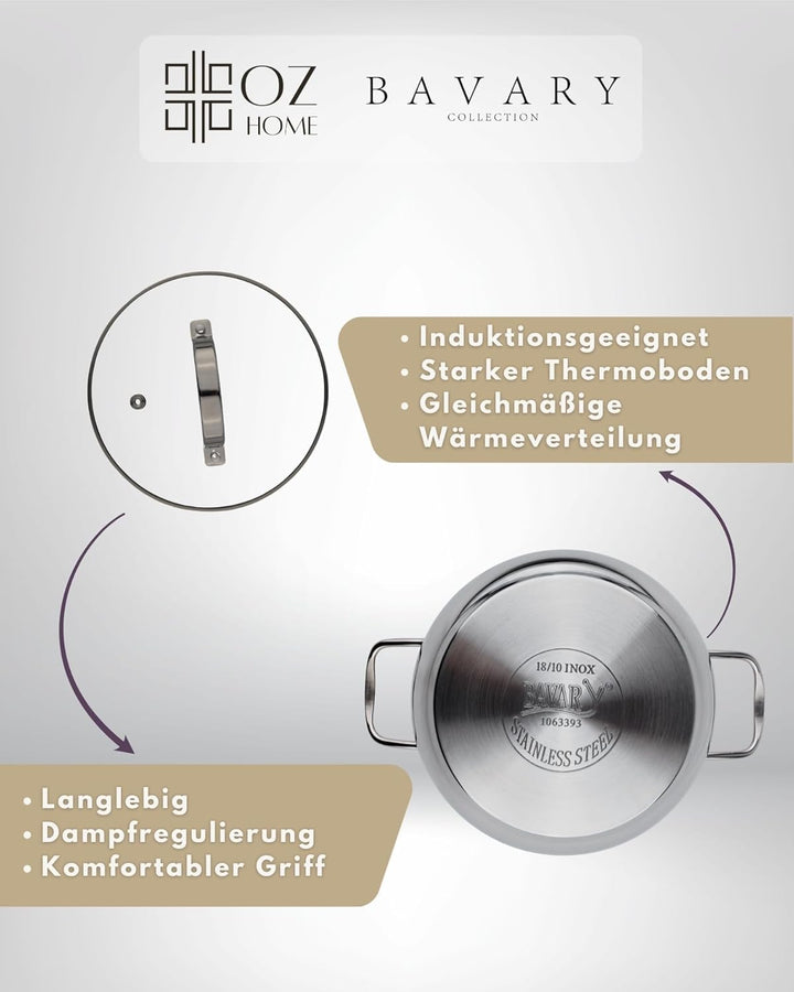 BAVARY Topfset, 8-teilig – 18/10 Edelstahl-Kochtopfset mit Glasdeckeln – Supercapsule-Boden – geeign