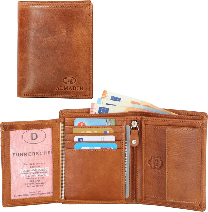 ALMADIH Leder Portemonnaie Hochformat RFID Schutz 12 Kartenfächer Rindsleder mit Geschenkbox (P1H-BD