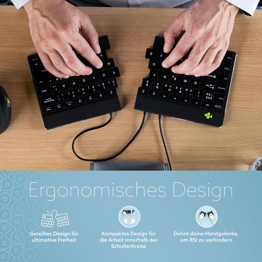 R-Go Split Tastatur, Ergonomische Design mit Geteilte Tastenfeld und Integrierter Pausenanzeige, AZE