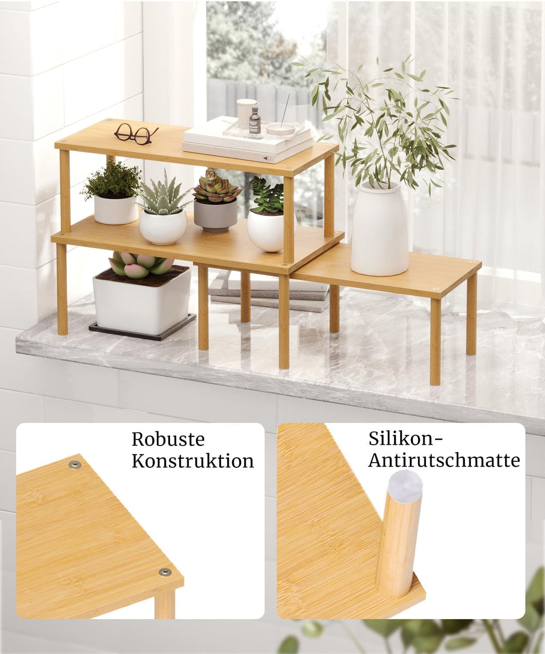 Fibogollo Bambus Schrank Organizer Ablage 3er Set, stapelbares Gewürzregal Gross Natur Braun Grossfo