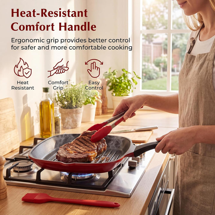 Grillpfanne 28 x 28 cm mit Ausguss, Steakpfanne quadratisch gerillt Antihaftbeschichtetes Aluminium,