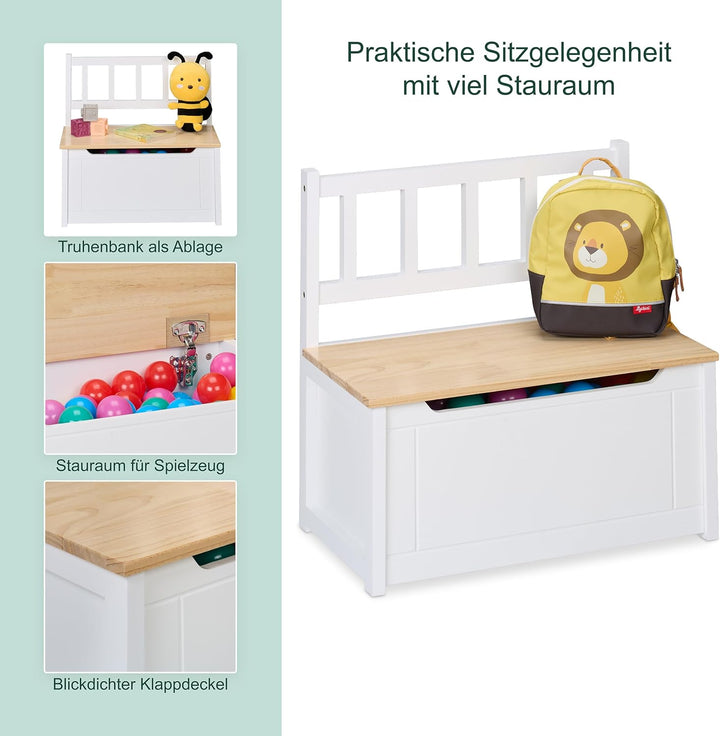 Relaxdays Kinderbank mit Stauraum, Klappdeckel, Rückenlehne, HxBxT: 55 x 57 x 31 cm, Kinder, Spielze