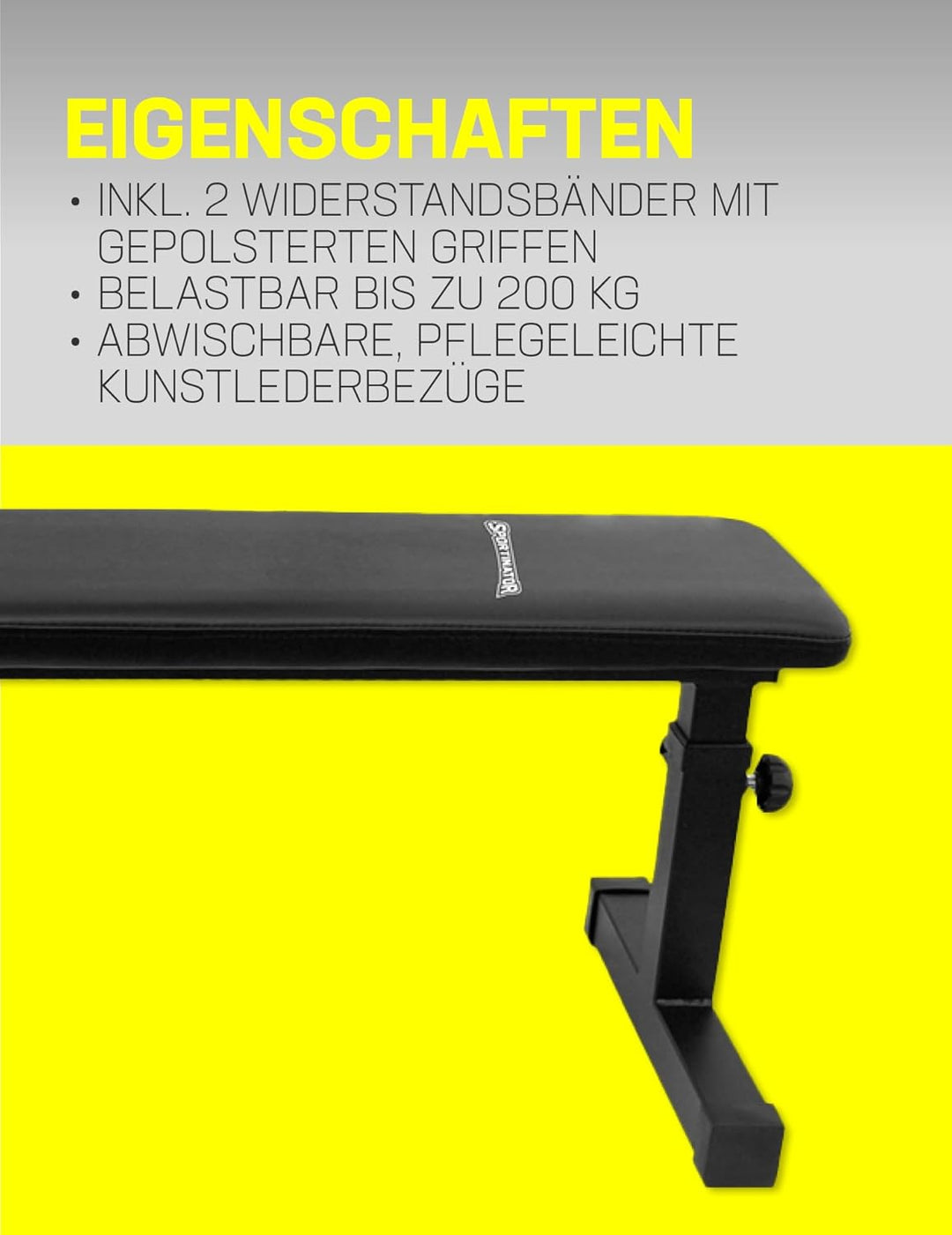 SPORTINATOR® höhenverstellbare Flachbank mit abwischbarem Kunstlederbezug und drei Halterungen. Für