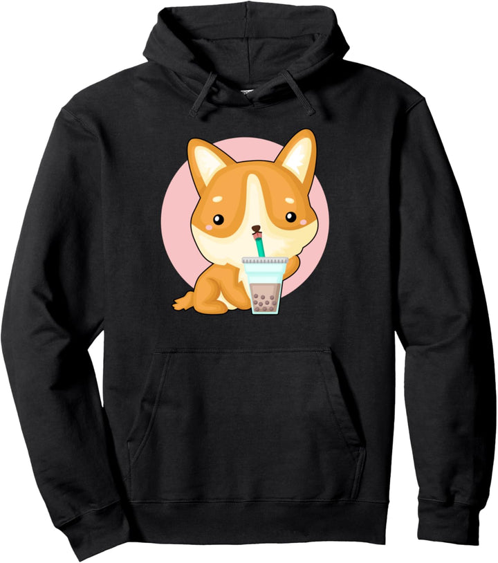Kawaii Corgi Drinking Boba Tea Fun Bubble Tea Lover Grafik Pullover Hoodie