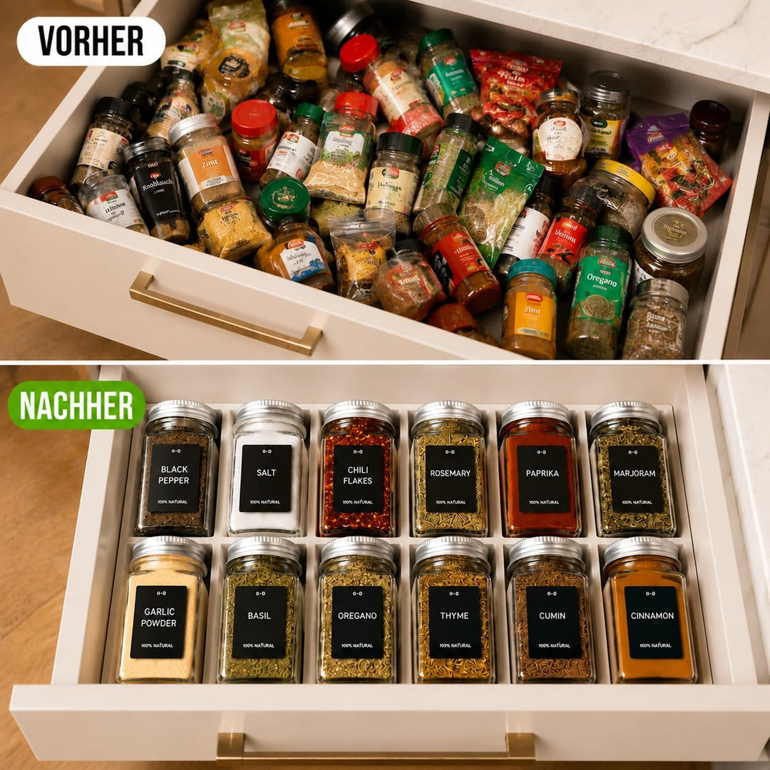 elf-family Gewürzgläser Eckig Set [12 x 120ml] mit Streueinsatz und Etiketten Premium Luftdichte Gew