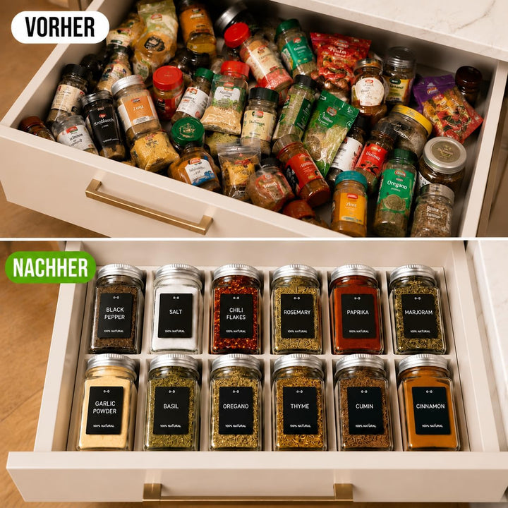 elf-family Gewürzgläser Eckig Set [12 x 120ml] mit Streueinsatz und Etiketten Premium Luftdichte Gew