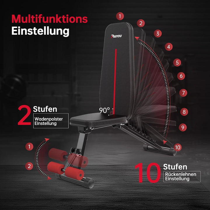 PASYOU Hantelbank Klappbar 10-Fach Verstellbar 90° Grad vertikal Multifunktions Trainingsbank für Ga