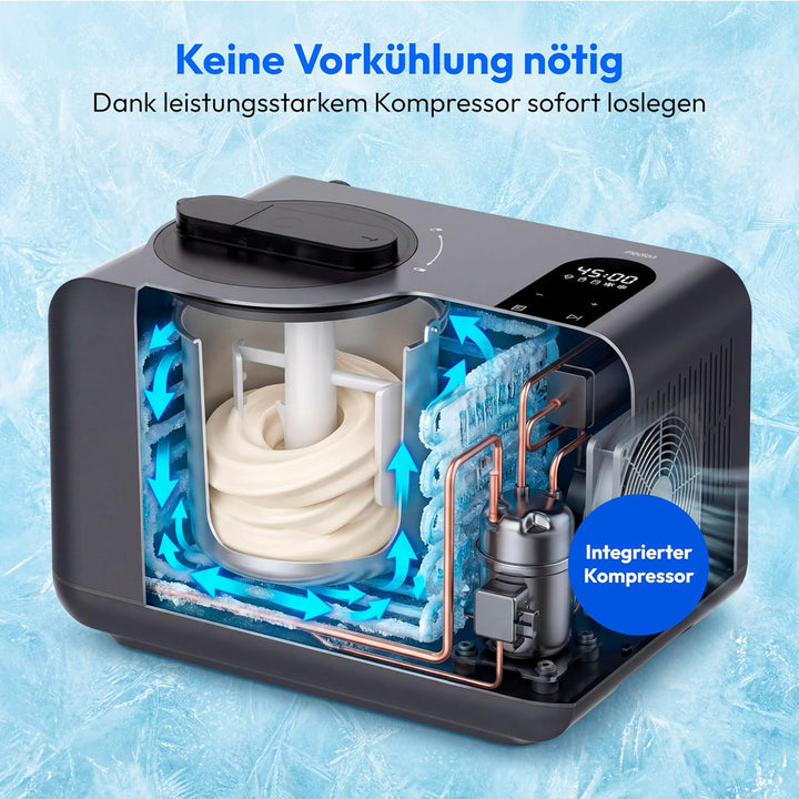 MEDION Eismaschine MD 100087, Kapazität für 1,5 L Eis, kein Vorkühlen notwendig, LED-Display mit Sen